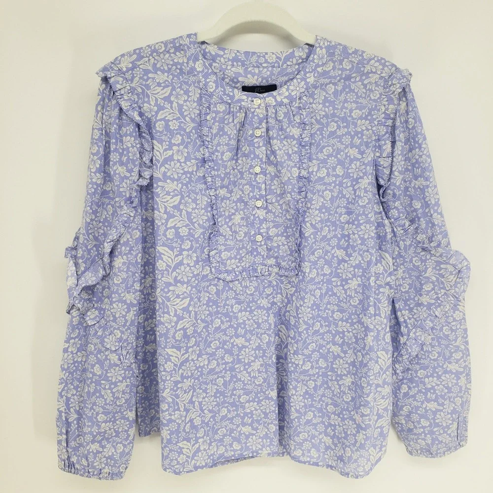 J Crew Floral Ruffle Bib Blouse Top Women Size L Blue White Cotton Peasant NWT